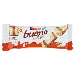Ferrero Kinder Bueno White – Ein zarter Waffelriegel mit einer köstlichen Füllung aus Milchcreme und einer weißen Schokoladenhülle, ideal für den süßen Genuss, jetzt bei kiosk24-neuisenburg erhältlich.