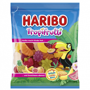 Haribo Tropifrutti – Bunte, fruchtige Gummibonbons in verschiedenen exotischen Geschmacksrichtungen, die für eine erfrischende, tropische Nascherei sorgen, jetzt bei kiosk24-neuisenburg erhältlich.